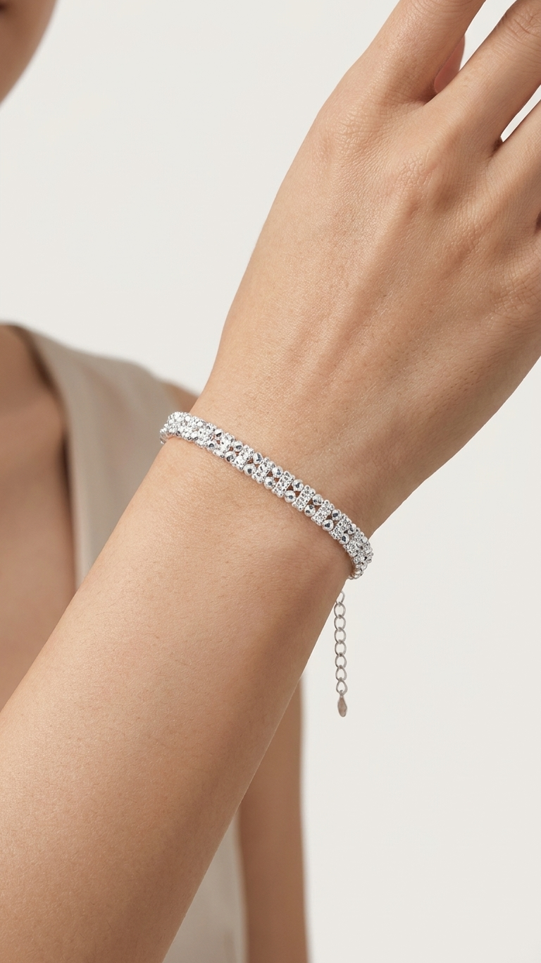 Sterling Silver-Tone Sparkle Bead Open Cuff Bracelet