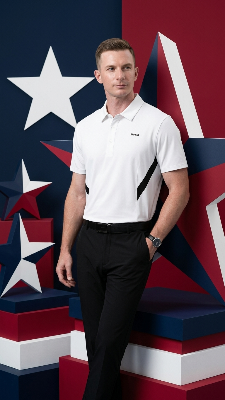 Golf polo with color-block paneling and a seamless laminated collar built for course to clubhouse comfort