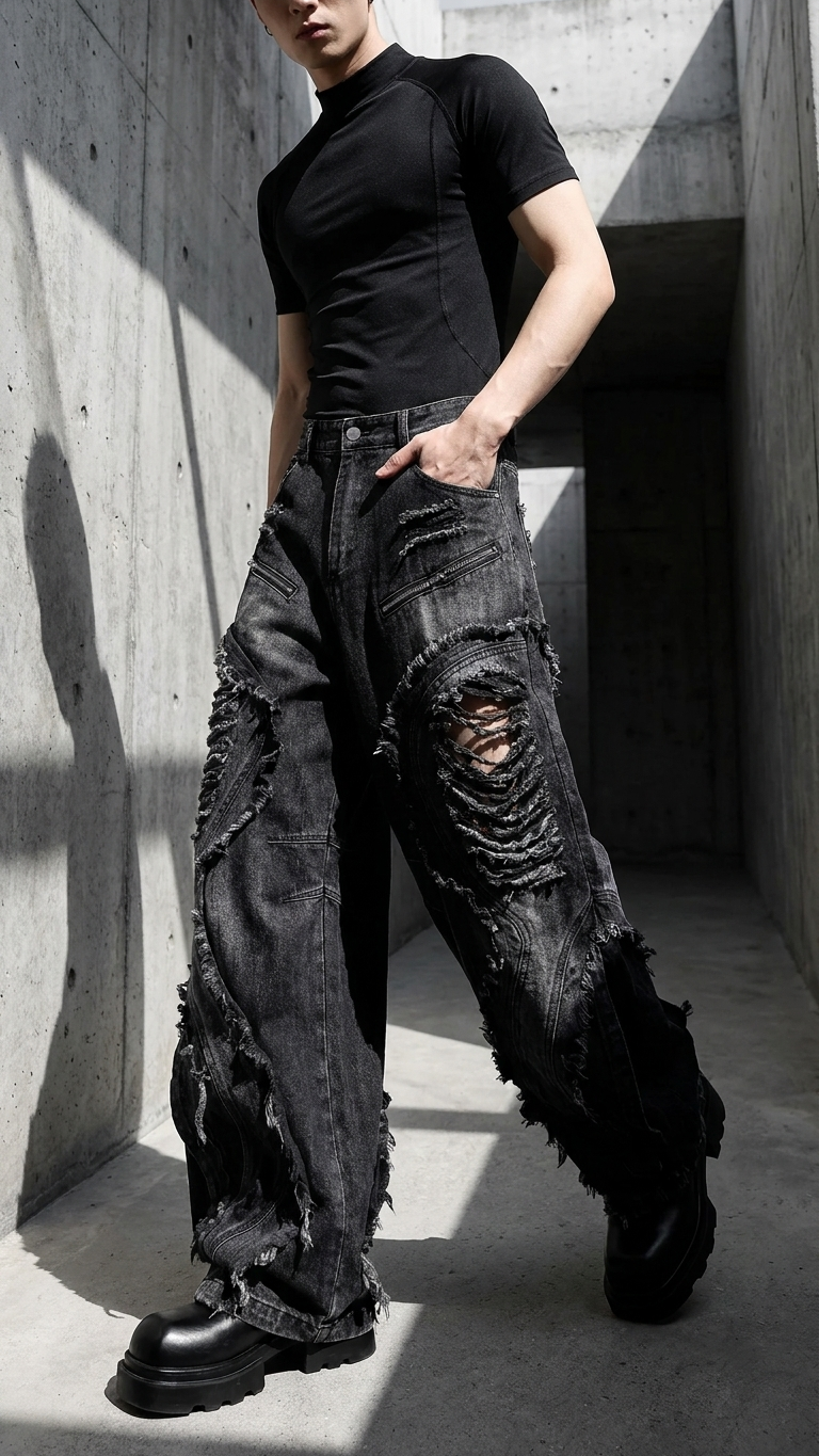 American-Style Deconstructed Distressed Wide-Leg Jeans — Patchwork Denim