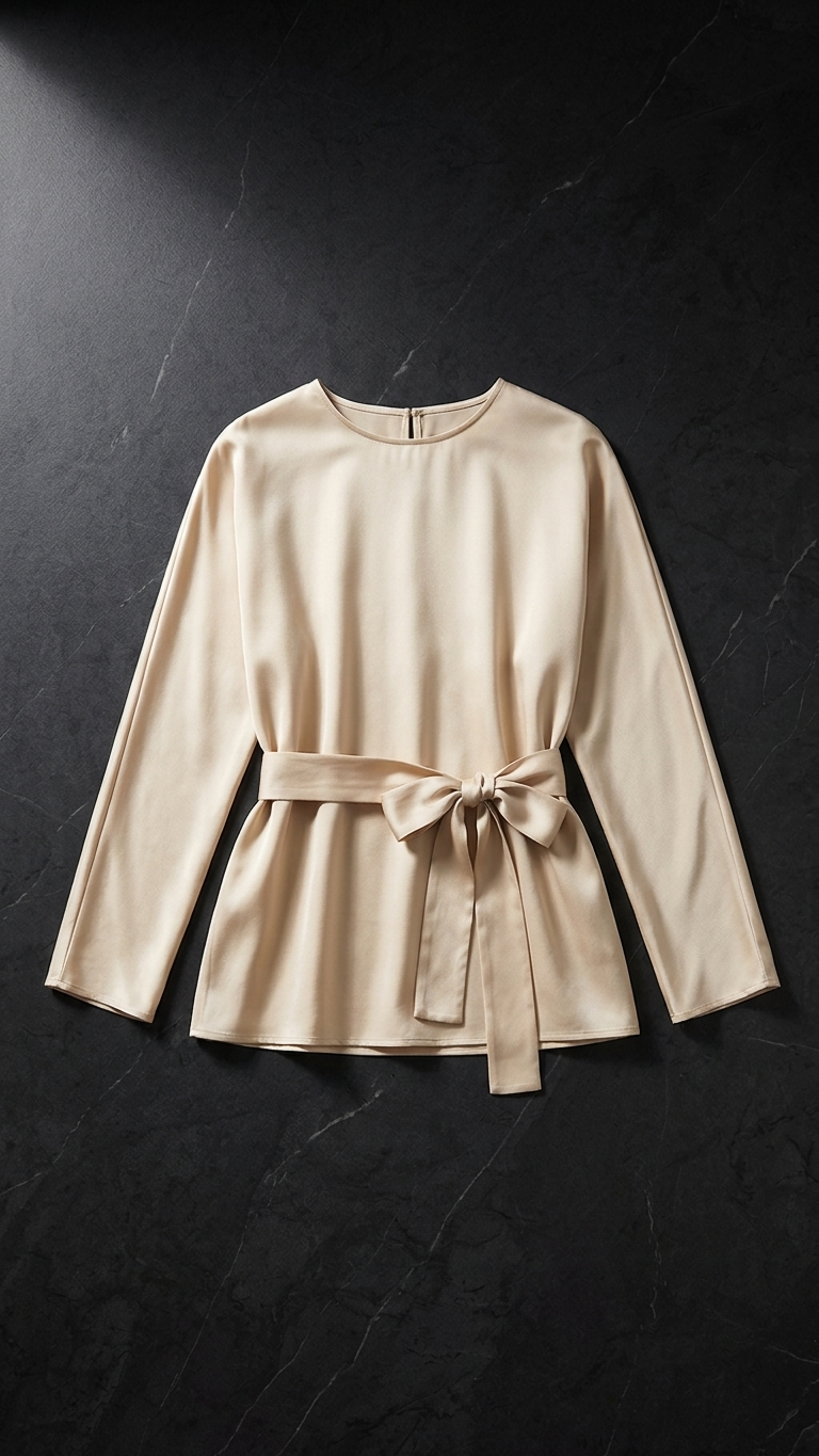 Loose Minimalist Tie-Waist Round Neck Satin Shirt