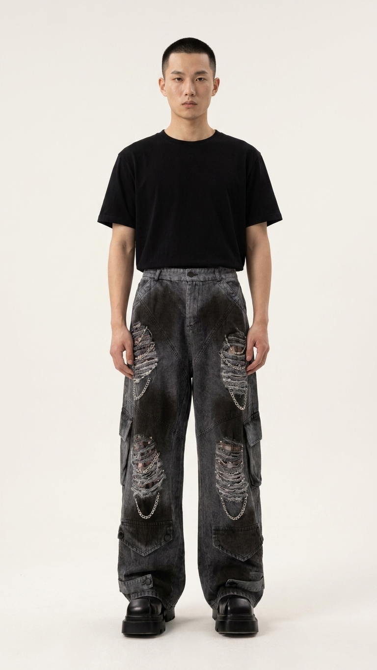 Deconstructed Distressed Wide-Leg Denim – Raw-Edge Panel Jeans