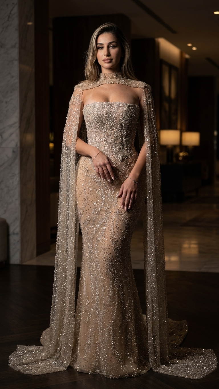 Beaded Sequin Mermaid Evening Gown with Detachable Ruffle Sleeves