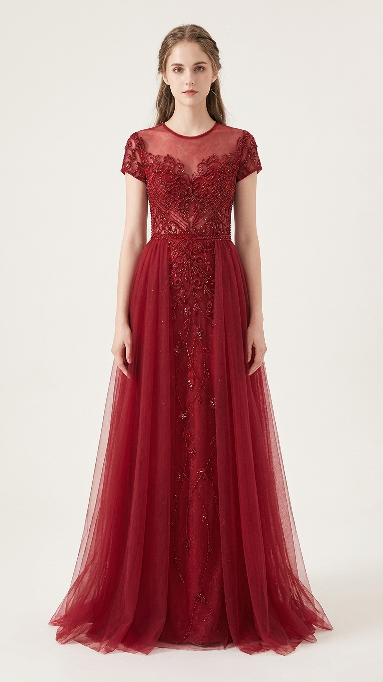 Beaded Illusion A-Line Evening Gown