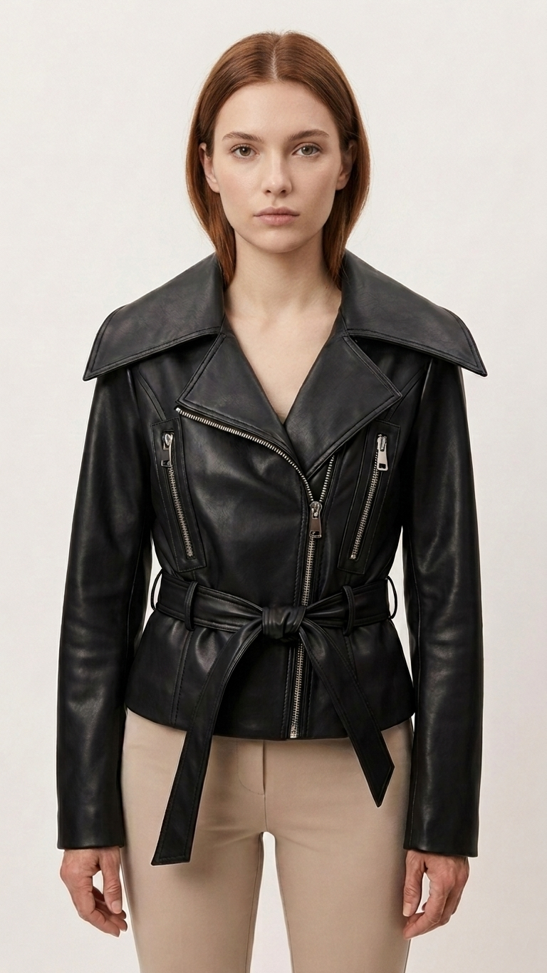 Cropped Structured Moto Jacket — Architectural Leather-Look Biker Silhouette