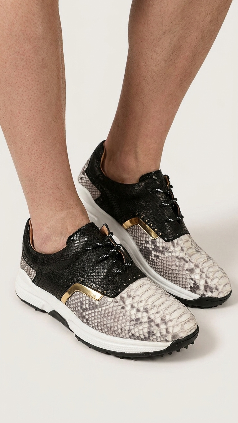 Python-Embossed Leather Chunky Sneaker — Black & Stone Statement Trainer
