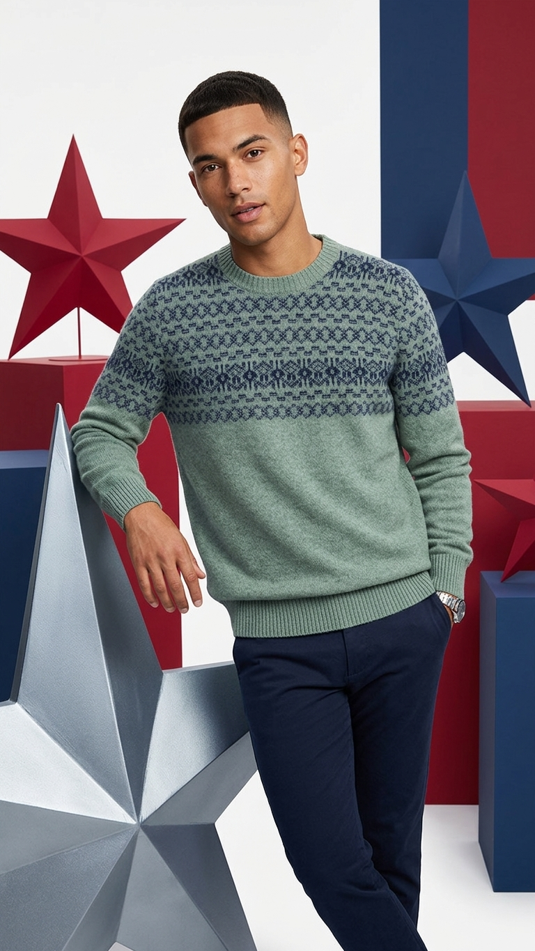 Wool Jacquard Crewneck Sweater — Relaxed Fit