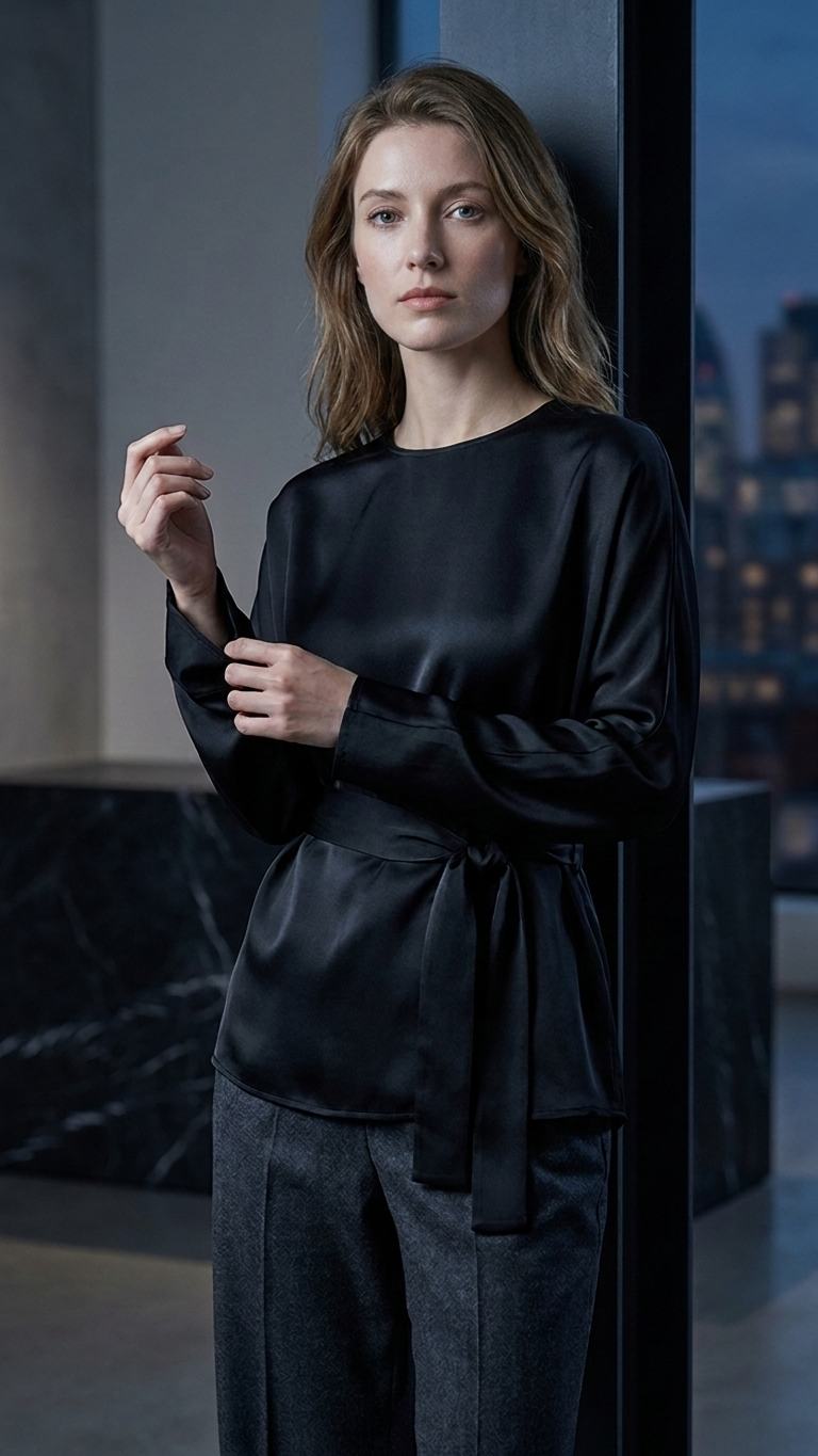 Loose Minimalist Tie-Waist Round Neck Satin Shirt