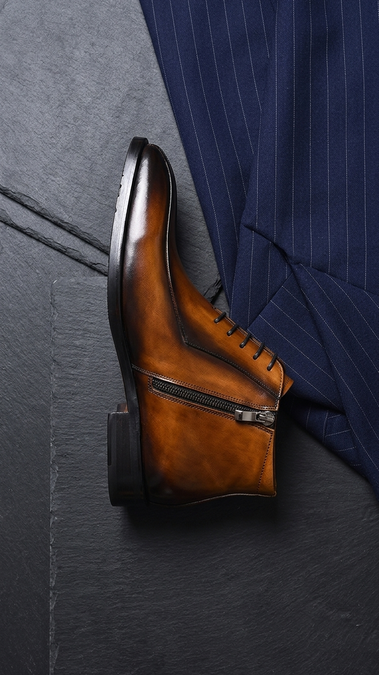 Burnished cognac-to-black leather pointed-toe business boot