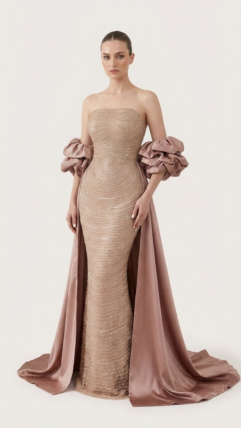 Hand-Beaded Fishtail Evening Gown with Draped Satin Cape Train