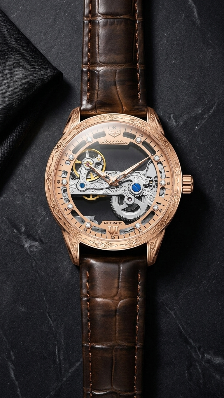 Rose Gold Openwork Automatic Watch, Brown Leather Strap