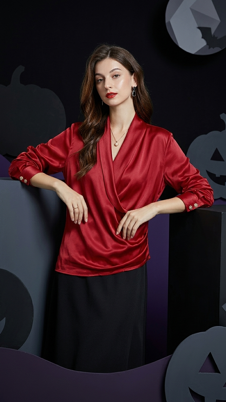 Silk Wrap Blouse — Crossover V-Neck Elegant Commute Top Shirts