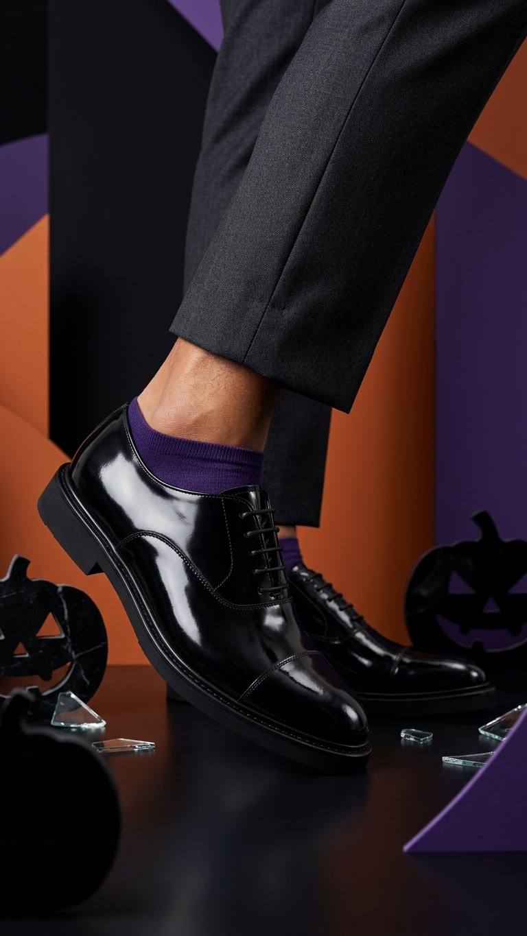 Men's black leather-look chunky-sole cap-toe derby, lace-up, commando lug sole