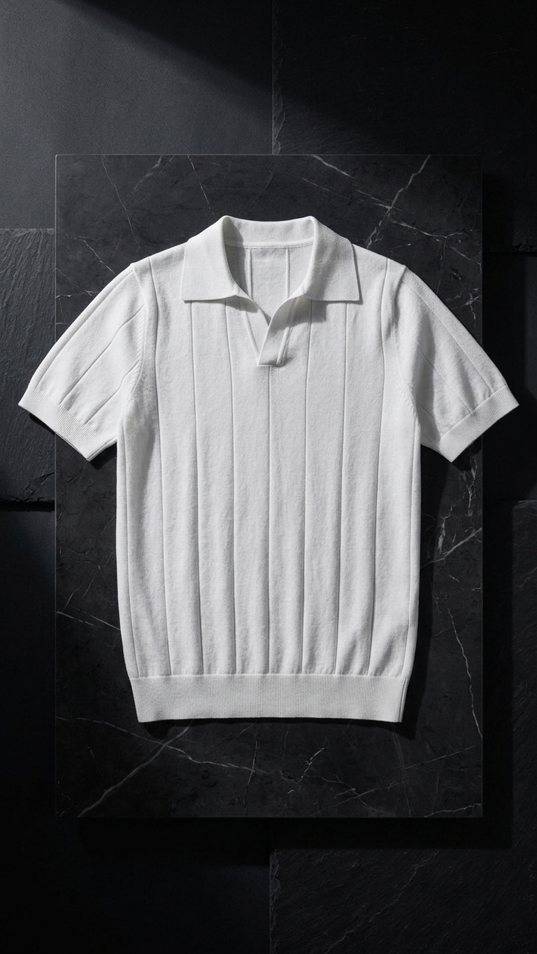 Sunken Stripe Knit Polo T-Shirts — Ribbed Seagull Collar Top