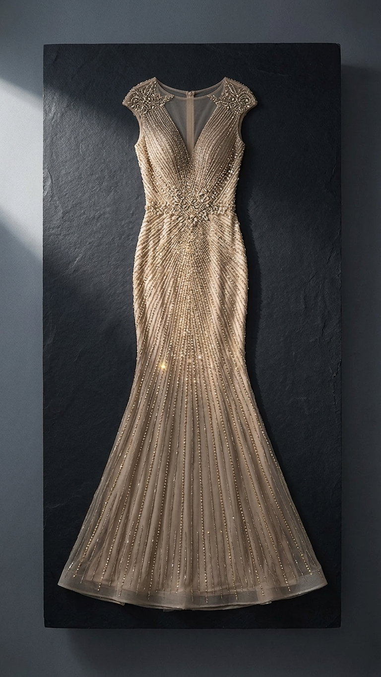 Beaded Bodice Fishtail Evening Gown — Sleeveless Formal Dress