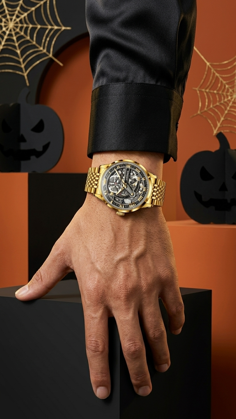 Gold-tone automatic skeleton watch, steel case, leather strap, sapphire crystal — statement piece