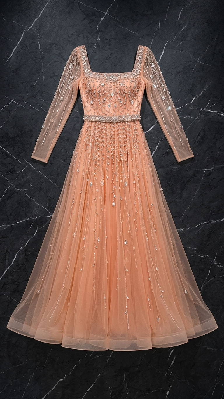 Sparkly Long-Sleeve Beaded Evening Gown — Zipper Ball Gown