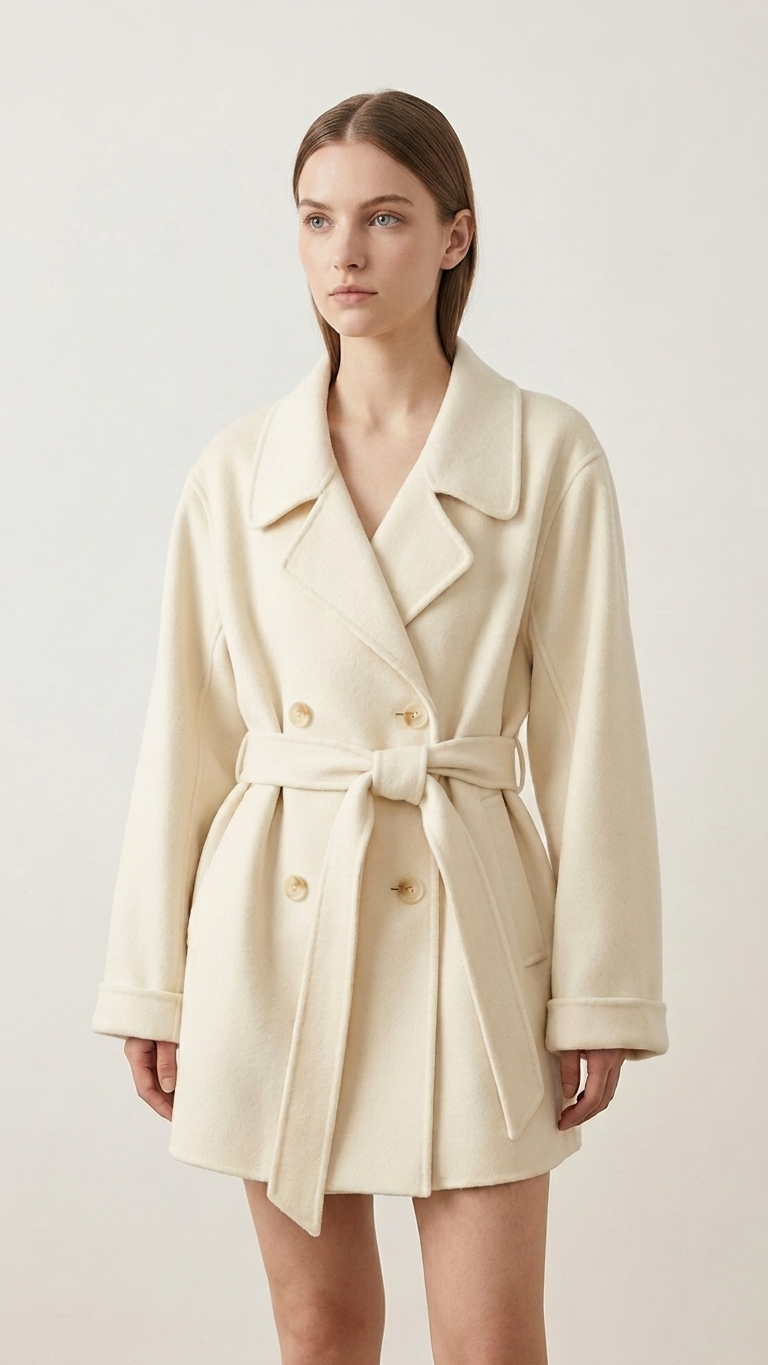 Ivory Belted Wool-Blend Midi Coat