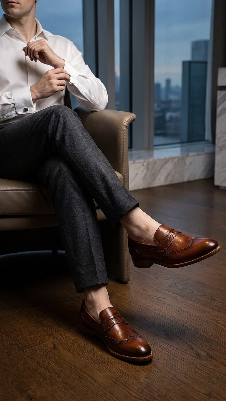 Men's Handcrafted Leather Penny Loafer with Carved Cap-Toe Detail