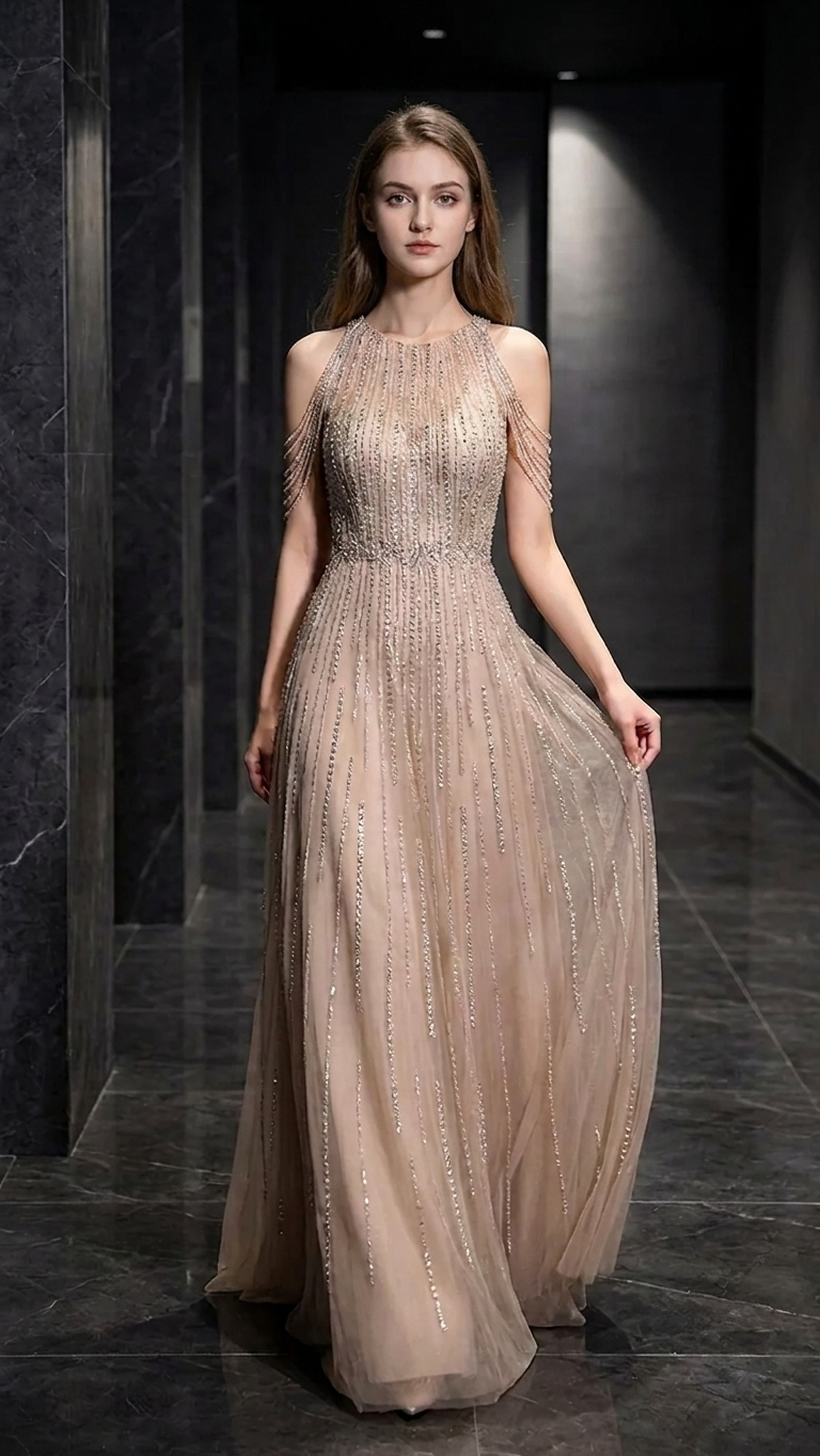 Champagne Beaded Evening Gown | Sleeveless Formal Dress