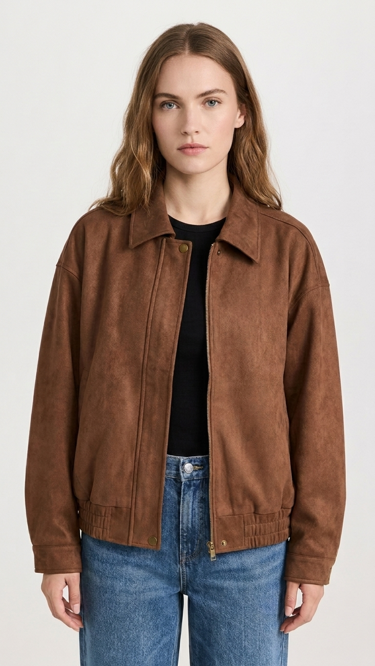 Brown Retro Lapel Loose-Fit Faux Suede Jacket