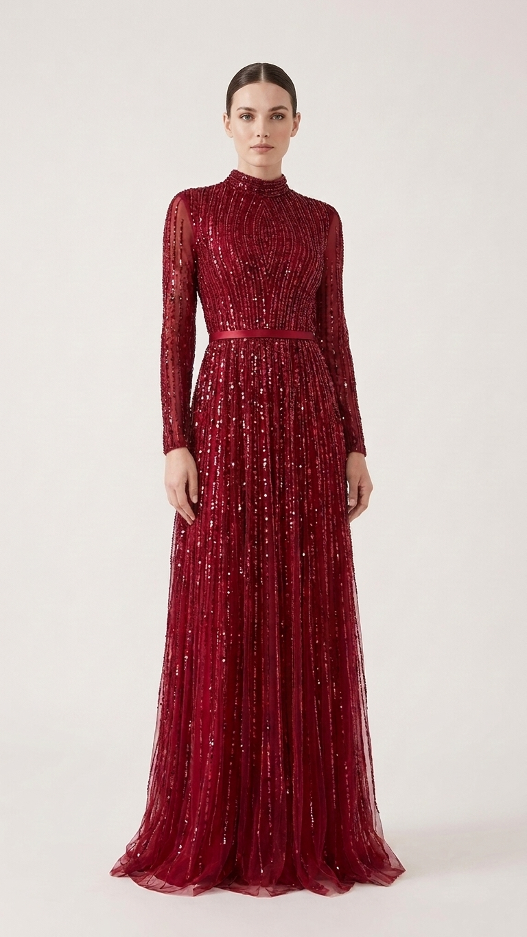 Sequined High-Neck Long-Sleeve Evening Gown