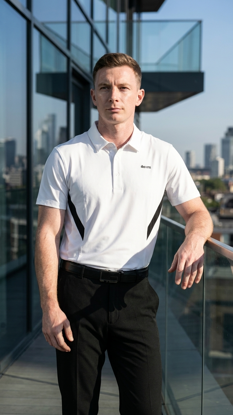 Golf polo with color-block paneling and a seamless laminated collar built for course to clubhouse comfort