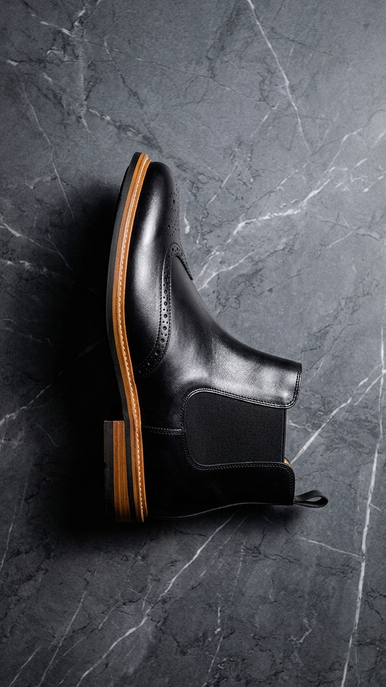 Cowhide leather brogue Chelsea boots with elastic side panels — a British retro dress boot built for versatile wear