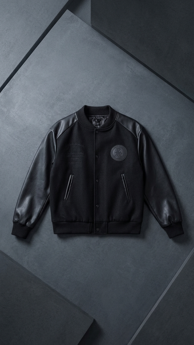 Contrast-Sleeve Varsity Jacket — Black