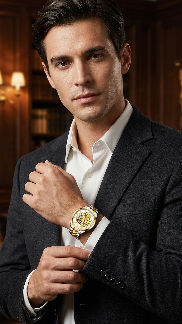 Gold-tone automatic skeleton watch, stainless steel case