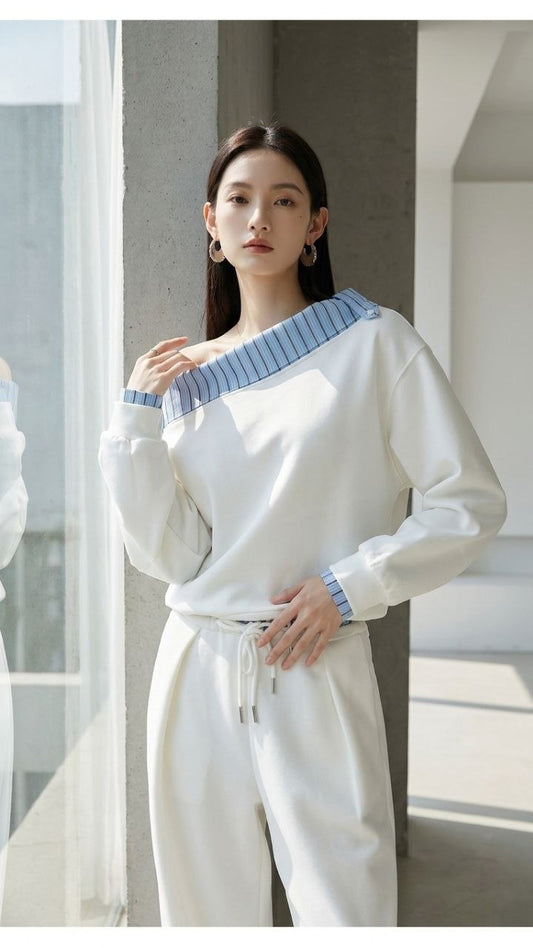 The Sloane Asymmetric Knit Set — Draped Shoulder Top & Wide-Leg Trousers
