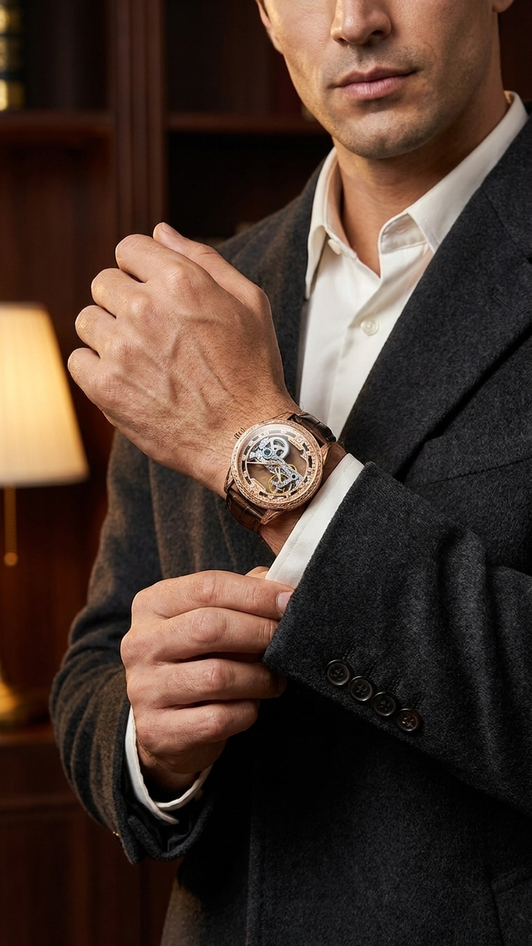 Rose Gold Openwork Automatic Watch, Brown Leather Strap