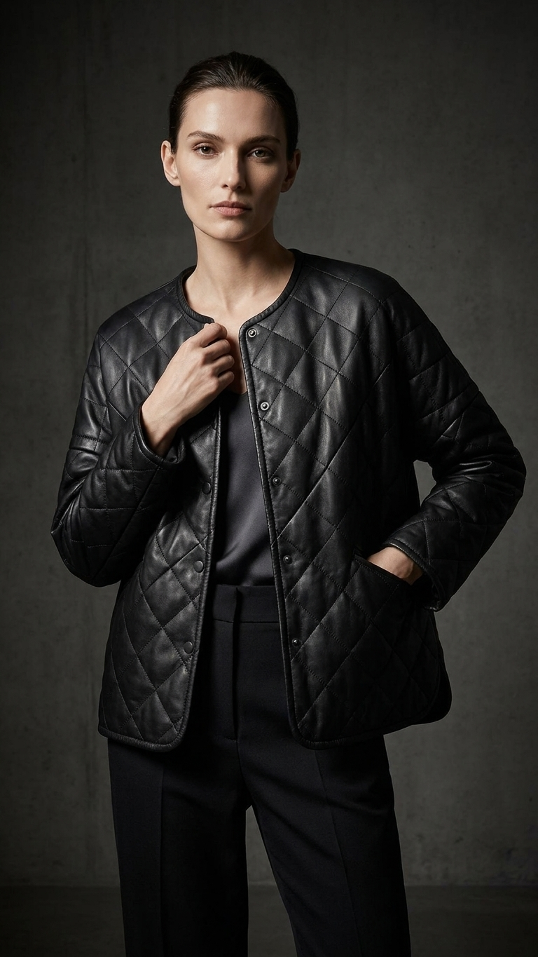 Quilted Faux Leather Jacket — Diamond Stitch, Camel & Black